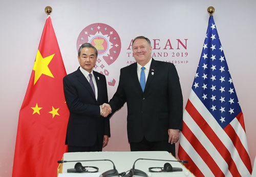 Chinese State Councilor and Foreign Minister Wang Yi meets with U.S. Secretary of State Mike Pompeo on the sidelines of the ASEAN meeting in Bangkok, capital of Thailand, on Thursday, August 1, 2019. [Photo: fmprc.gov.cn]