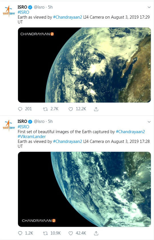 Screenshot of the Indian Space Research Organisation's twitter account shows the first pictures of the Earth sent by Chandrayaan-2, India's second Moon Mission. [Photo: China Plus]