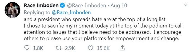 [Screenshot of Race Imboden's tweet taken by China Plus]