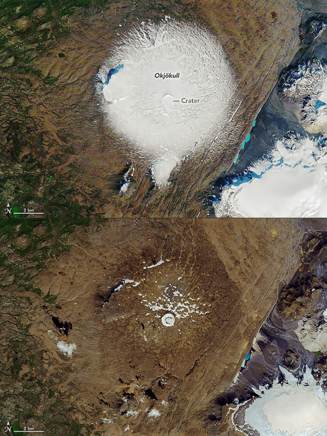 This combination created on August 9, 2019 shows a NASA handout image taken on September 7, 1986 showing the Okjökull glacier atop the Ok Volcano in Iceland (top), and a NASA handout image taken on August 1, 2019 showing the top of the Ok Volcano where the Okjokull glacier has melted away throughout the 20th century and was declared dead in 2014. [File photo: NASA/AFP via VCG]