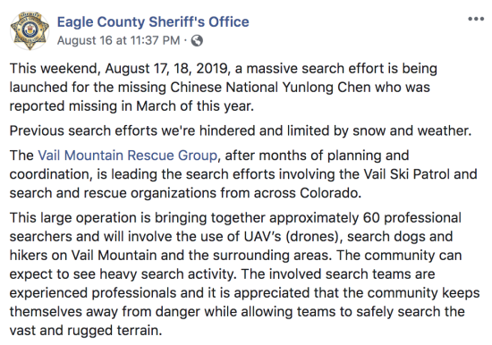Screenshot of Eagle County Sheriff's Office's post on Facebook, saying they are launching a massive search.