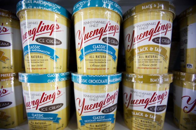 Shown are cartons of Yuengling ice-cream at a Weis supermarket, Monday, Feb. 10, 2014, in Huntingdon Valley, Pa. Yuengling's Ice Cream is back after an absence of nearly 30 years, available at hundreds of stores in Pennsylvania, Virginia, Maryland, West Virginia, Delaware and New Jersey. [Photo: AP/Matt Rourke]