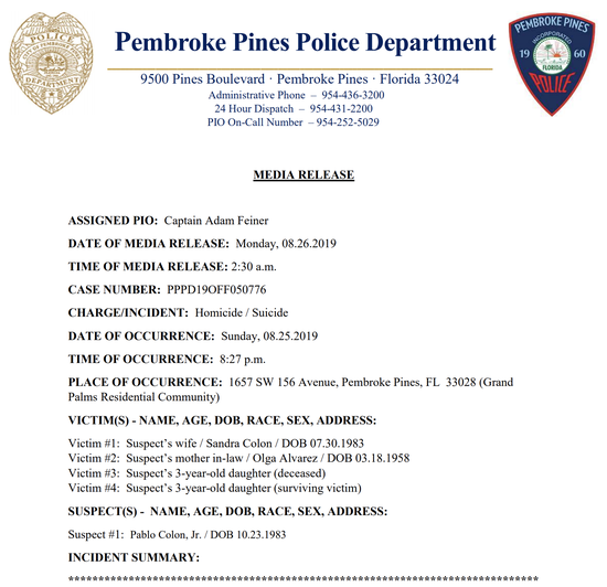 A Pembroke Pines police news release says the shooting occurred Sunday night. [Screenshot of the news release]