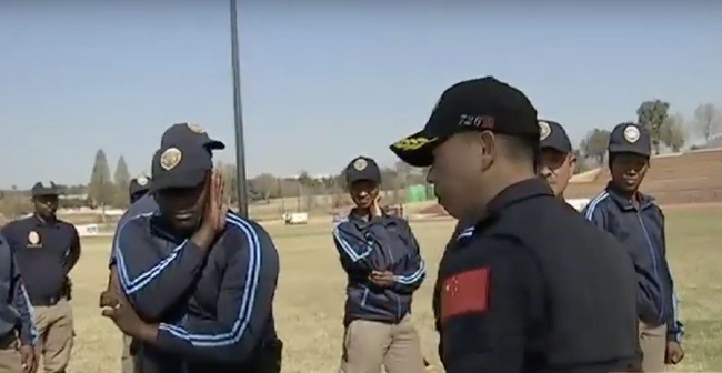 Members of South Africa’s Johannesburg Metropolitan Police Department (JMPD) receive anti-crime training from the Fujian Police College in China. [Screenshot: China Plus]