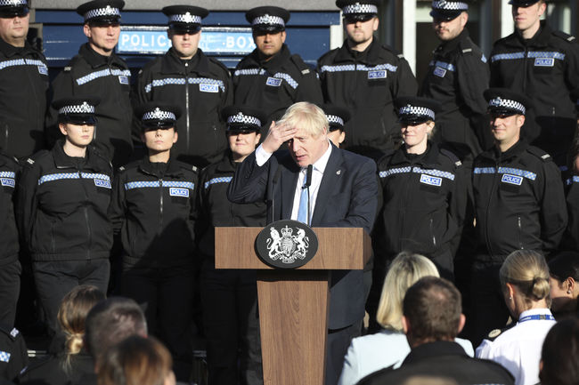 Britain's Prime Minister Boris Johnson makes a speech to police during a visit to West Yorkshire in England, Thursday, Sept. 5, 2019. [Photo: AP/Danny Lawson]