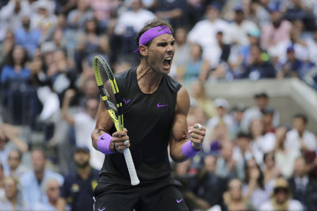 Rafael Nadal, of Spain, reacts after scoring a point against Daniil Medvedev, of Russia, during the men's singles final of the U.S. Open tennis championships Sunday, Sept. 8, 2019, in New York. [Photo: AP/Charles Krupa]