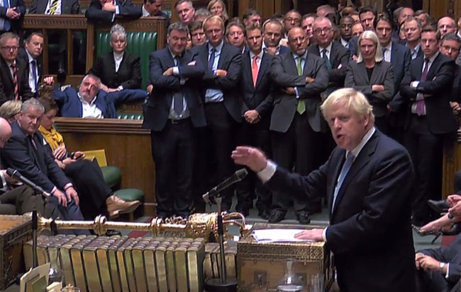 A video grab from footage broadcast by the UK Parliament's Parliamentary Recording Unit (PRU) shows Britain's Prime Minister Boris Johnson speaking following the announcement of the result of a vote on his motion for an early parliamentary general election, a motion that did not carry, in the House of Commons in London on September 10, 2019. [Photo: AFP/PRU]