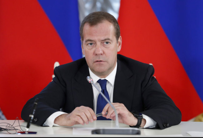 Russia's Prime Minister Dmitry Medvedev gives a press conference following his meeting with Slovenia's Prime Minister Marjan Sarec. [Photo: Pool/TASS via IC/Dmitry Astakhov]