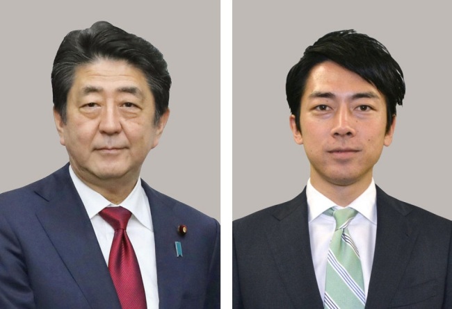 Combined file photo shows Japanese Prime Minister Shinzo Abe (L) and Liberal Democratic Party lawmaker Shinjiro Koizumi. [File Photo: IC]