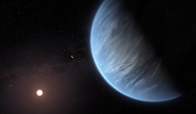 A handout photo made available by the European Space Agency (ESA) on 11 September 2019 shows an artist's impression of the planet K2-18b, it's host star and an accompanying planet in this system. [Photo: ESA via IC/M. Kornmesser]