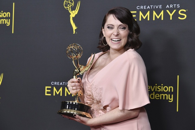 Rachel Bloom poses in the press room with the award for outstanding original music and lyrics for "Crazy Ex Girlfriend" on night one of the Creative Arts Emmy Awards on Saturday, Sept. 14, 2019, at the Microsoft Theater in Los Angeles. [Photo: AP]