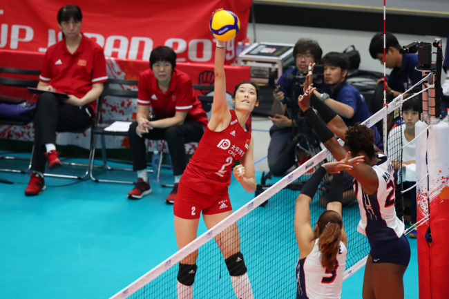 Zhu Ting (CHN) plays in the FIVB Volleyball Women's World Cup First Round match between China 3-0 Dominican Republic at Yokohama Arena in Kanagawa, Japan. Sep 18, 2019. [Photo: IC]