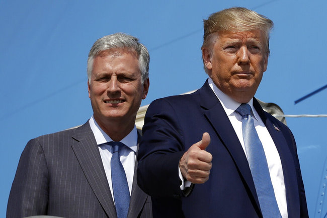 President Donald Trump and Robert O'Brien, just named as the new national security adviser, board Air Force One at Los Angeles International Airport, Wednesday, Sept. 18, 2019, in Los Angeles. [Photo: AP]