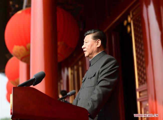 Chinese President Xi Jinping delivers a speech at a grand rally to celebrate the 70th anniversary of the founding of the People's Republic of China at the Tian'anmen Square in Beijing, on Oct. 1, 2019. [Photo: Xinhua/Xie Huanchi]