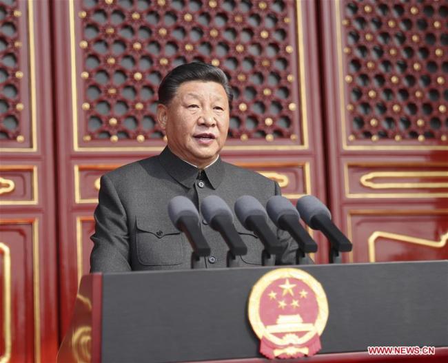 Chinese President Xi Jinping delivers a speech at a grand rally to celebrate the 70th anniversary of the founding of the People's Republic of China at the Tian'anmen Square in Beijing, on Oct. 1, 2019. [Photo: Xinhua/Ju Peng]