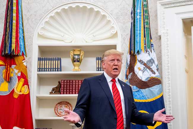 President Donald Trump speaks to member of the media as he departs a ceremonial swearing in ceremony for new Labor Secretary Eugene Scalia in the Oval Office of the White House in Washington, Monday, Sept. 30, 2019. [Photo: AP/Andrew Harnik]