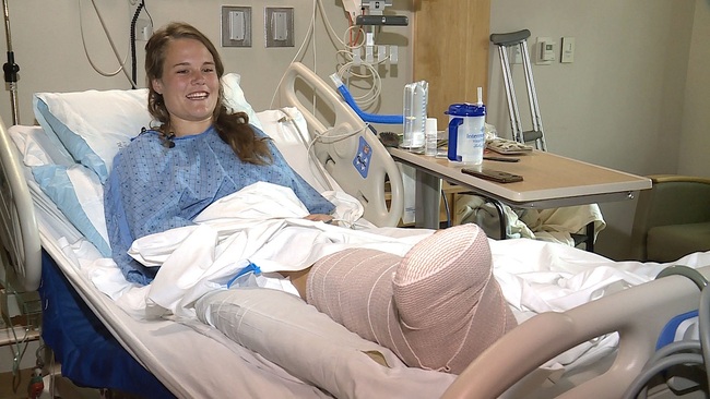 Kayleigh Davis talks about being attacked by a bison two days earlier as she recovers in Ogden on Sunday, September 29, 2019. [Photo: Winston Armani/KSL-TV via The Deseret News via AP]