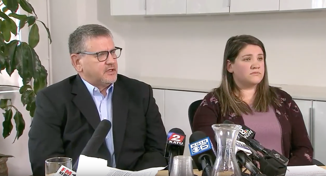 Dr. Bryce Cleary (left) of Corvallis met his biological daughter, Allysen Allee (right), for the first time on Wed. Oct. 2, 2019, just before a news conference announcing his lawsuit against OHSU after he says the fertility clinic used his sperm to father at least 17 children. [Screenshot of KOIN 6's report]