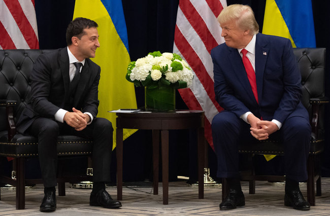 US President Donald Trump and Ukrainian President Volodymyr Zelensky speak during a meeting in New York on September 25, 2019, on the sidelines of the United Nations General Assembly. [Photo: AFP]