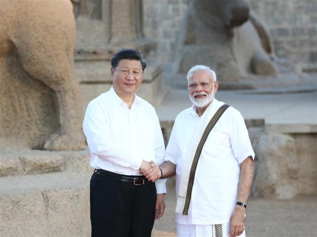 Chinese President Xi Jinping meets with Indian Prime Minister Narendra Modi in the southern Indian city of Chennai, Oct. 11, 2019. [Photo: Xinhua/Ju Peng]