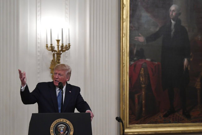 President Donald Trump speaks during a Medal of Honor Ceremony for U.S. Army Master Sgt. Matthew Williams, currently assigned to the 3rd Special Forces Group, in the East Room of the White House in Washington, Wednesday, Oct. 30, 2019.[Photo: AP/Susan Walsh]