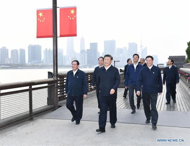 Chinese President Xi Jinping, also general secretary of the Communist Party of China Central Committee and chairman of the Central Military Commission, visits a section of the Yangshupu Waterworks located in Yangpu Binjiang public space in Shanghai, east China, Nov. 2, 2019. Xi made an inspection tour in China's economic hub Shanghai Saturday. [Photo: Xinhua/Xie Huanchi]