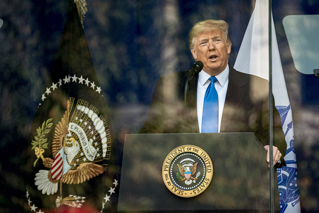 U.S. President Donald J. Trump is seen during a Veteran's Day commemoration in Madison Square Park before the start of the NYC Veteran's Day Parade; in New York, NY, USA on November 11, 2019.[Photo: Albin Lohr-Jones/Sipa USA via Newscom via VCG]