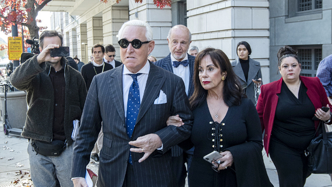 Roger Stone leaves Federal court with his wife after being found guilty on all seven charges, in Washington, DC on November 15, 2019. [Photo: Newscom via VCG]