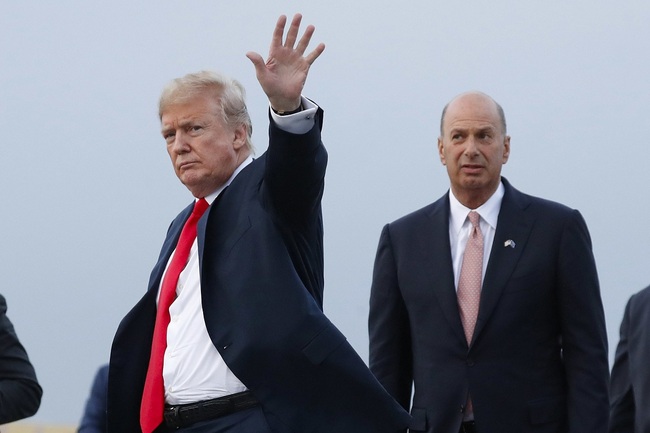 File Photo: President Donald Trump is joined by Gordon Sondland, the U.S. ambassador to the European Union, second from right, as he arrives at Melsbroek Air Base, in Brussels, Belgium. [Photo: AP/Pablo Martinez Monsivais]