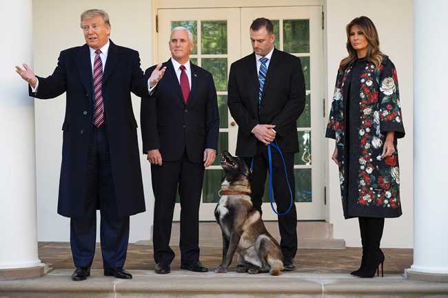 US President Donald Trump (L), Vice President Mike Pence (2nd L) and First Lady Melania Trump (R) stand with Conan, the military dog that was involved with the death of ISIS leader Abu Bakr al-Baghdadi, at the White House in Washington, DC, on November 25, 2019. [Photo: JIM WATSON/AFP]