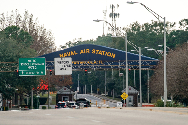 A general view of the atmosphere at the Pensacola Naval Air Station main gate following a shooting on December 06, 2019 in Pensacola, Florida. [Photo: AP]