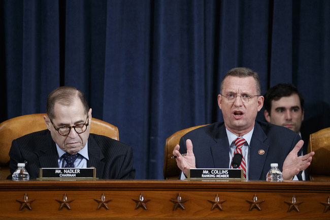 House Judiciary Committee Chairman Rep. Jerrold Nadler of N.Y., listens as ranking member Rep. Doug Collins, R-Ga., speaks during a House Judiciary Committee markup of the articles of impeachment against President Donald Trump, on Capitol Hill in Washington, Wednesday, Dec. 11, 2019. [Photo: Shawn Thew/Pool via AP]