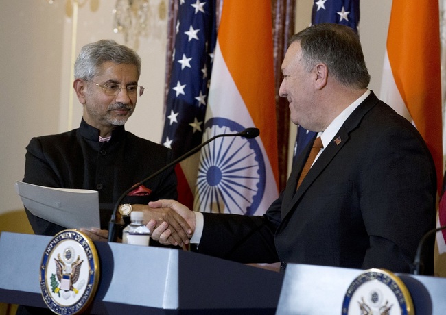 Secretary of State Mike Pompeo, right, shakes hands with Indian External Affairs Minister Dr. S. Jaishankar after a bilateral meeting the U.S. and India at the Department of State in Washington, Wednesday, Dec. 18, 2019. [Photo: AP/Jose Luis Magana]