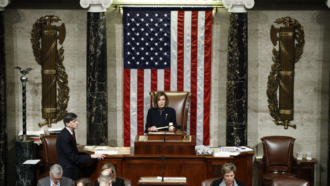 House Speaker Nancy Pelosi holds the gavel as House members vote on the article II of impeachment against President Donald Trump, Dec. 18, 2019, on Capitol Hill in Washington. [Photo: AP/Patrick Semansky]