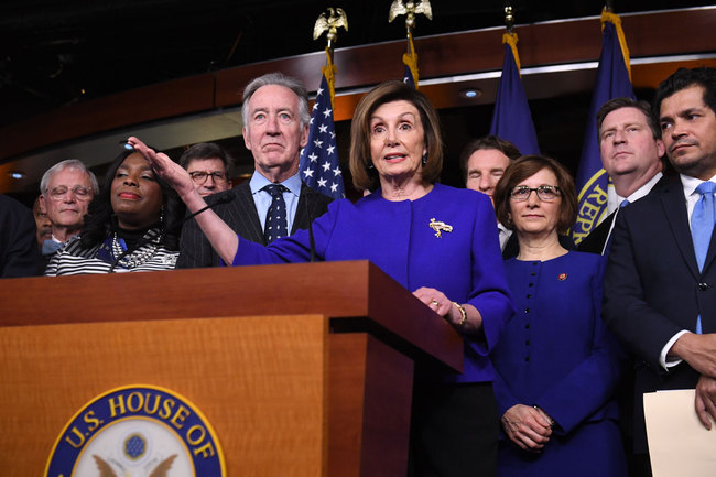 Speaker of the House Nancy Pelosi and House Ways and Means Committee Chairman Richard Neal (L), speak about the US - Mexico - Canada Agreement, known as the USMCA, on Capitol Hill in Washington, D.C. on December 10, 2019. [Photo: AFP]