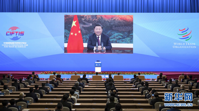 Čínský president Xi Jinping přednesl projev na Globálním summitu o obchodu se službami na Čínském mezinárodním veletrhu služeb 2020. Fotografie: novinář Li Tao (Li Tchao) tiskové agentury Nová Čína / Xinhua