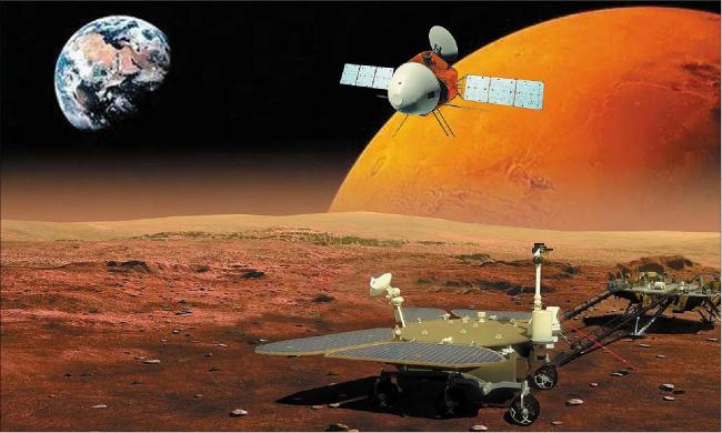 https://directory.eoportal.org/documents/163813/6014410/Tianwen-1_Auto9.jpeg<br><br>Umělecké vyobrazení mise Tianwen-1. Mise bude kombinací satelitu zkoumajícího Rudou planetu z výšky a průzkumného vozítka na planetárním povrchu. (Image credit: CNSA)