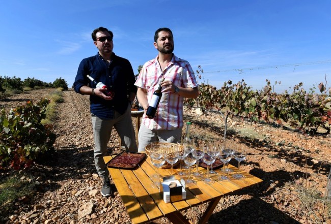 Dva španělští zemědělci vystavují místní vinařské výrobky, které budou vyváženy do Číny prostřednictvím nákladní vlakové dopravy Yiwu-Madrid na vinici ve španělském Valladolidu, 24. září 2017. (Fotografie od Guo Qiuda / Xinhua)