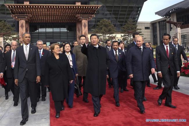 Xi Jinping y otros líderes y representantes del Foro de Cooperación Económica Asia-Pacífico (APEC) se dirigen a plantar árboles para celebrar la amistad en la familia del APEC en Beijing, capital de China, el 11 de noviembre de 2014. (Xinhua/Lan Hongguang)