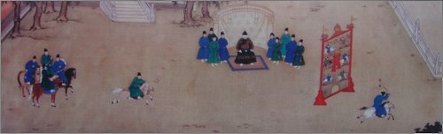 Una pintura antigua que representa un juego de polo con la presencia del emperador Xuanzong