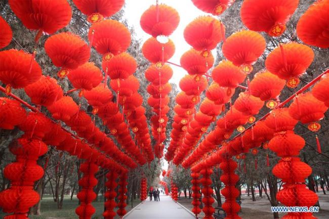 Des visiteurs se promènent dans le couloir des lanternes du parc Ditan, également connu sous le nom de parc du Temple de la Terre, le 27 janvier 2018 à Beijing.Le parc du Temple de la Terre a été décoré de lanternes rouges afin de célébrer la prochaine fête du Printemps ou Nouvel An lunaire chinois. (Photo / Xinhua)
