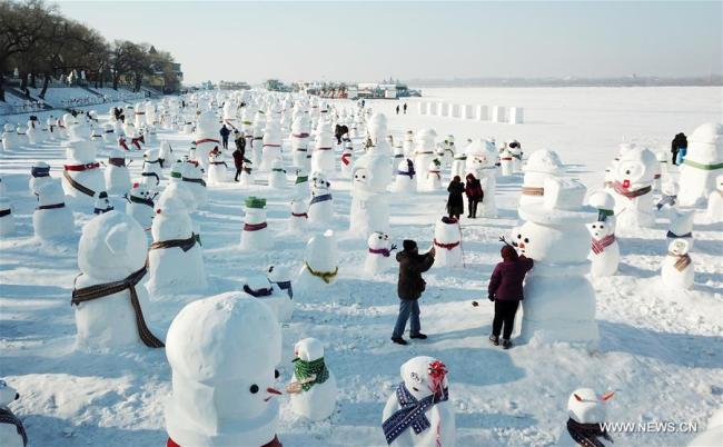 Des bonhommes de neige au bord de la rivière Songhua à Harbin, capitale de la province du Heilongjiang (nord-est), le 2 janvier 2019. 2.019 bonhommes de neige ont été montés au bord de cette rivière pour le Nouvel An. (Photo : Wang Jianwei)