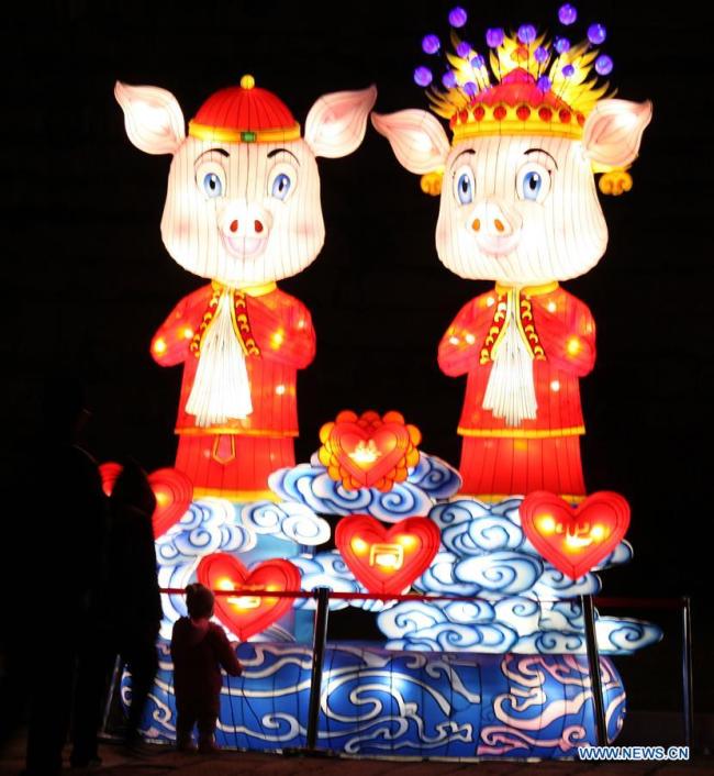 Des visiteurs regardent des lanternes à Laomendong, une zone historique à Nanjing, capitale de la province chinoise du Jiangsu (est), le 15 janvier 2019. La Foire de lanternes de Qinhuai sera ouverte officiellement au public du 28 janvier au 22 février. (Xinhua/Sun Zhongnan)