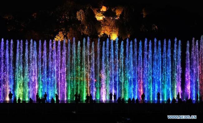 Des touristes assistent à un spectacle de lumière au Parc forestier olympique de Beijing.