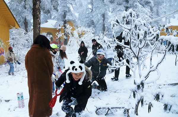 Les touristes se jetant des boules de neige dans le site