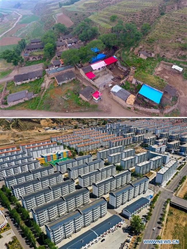 <br>Photo aérienne combinée montrant l'ancien site du village de Zhaojiawa pris le 22 juin 2017 (en haut) et la zone de lutte contre la pauvreté par la relocalisation de Guanghuiyuan le 20 mai 2020 (en bas), dans le comté de Kelan de la ville de Xinzhou, dans la province du Shanxi (nord de la Chine).