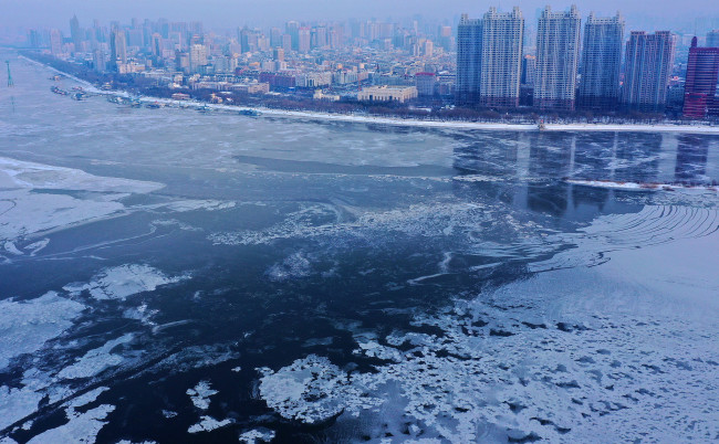 Heilongjiang : la glace se forme sur la rivière Songhua avec la baisse des températures à Harbin