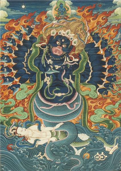 Ένα θάνγκα της δυναστείας Τσινγκ απεικονίζει τον Manjushri Nagaraksha, μια θεότητα που πιστεύεται ότι προστατεύει τους ανθρώπους από επιδημίες. [Η φωτογραφία παρέχεται από την ChinaDaily]