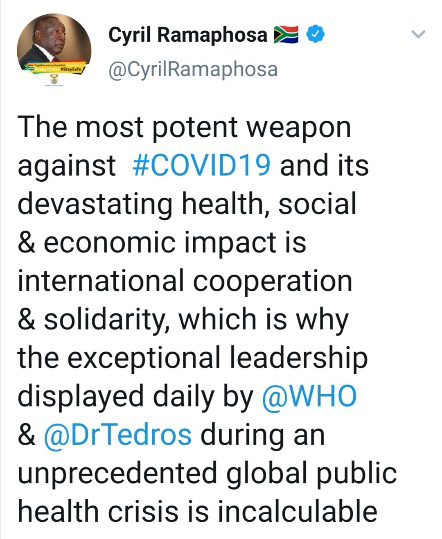 Президент Южно-Африканской Республики (действующая страна-председатель Африканского союза) Сирил Рамафосу подчеркнул важность и актуальность международного сотрудничества в противостоянии эпидемии коронавирусной пневмонии.