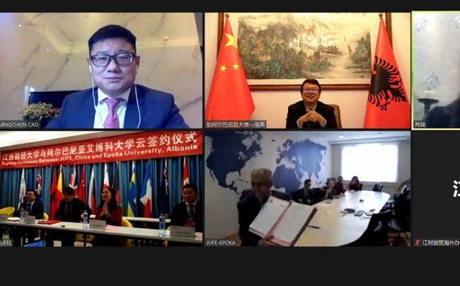 nenshkrimi i memorandumit, foto fb zyrtar ambasadori kinez ne shqiperi Zhou Ding